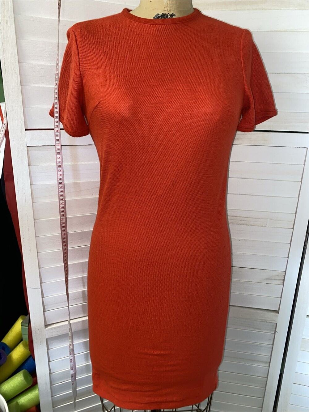 Vintage 60s Pique Knit Orange Mod Sheathe Pencil Dress Sz Small